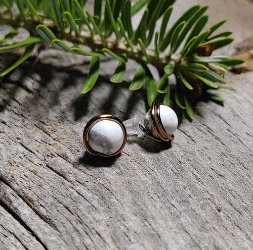howlite stone stud earrings antique Brass wire wrapped