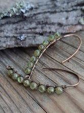 Natural peridot stone drop earrings, hand wire wrapped made in michigan