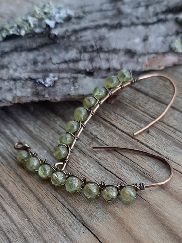 Natural peridot stone drop earrings, hand wire wrapped made in michigan