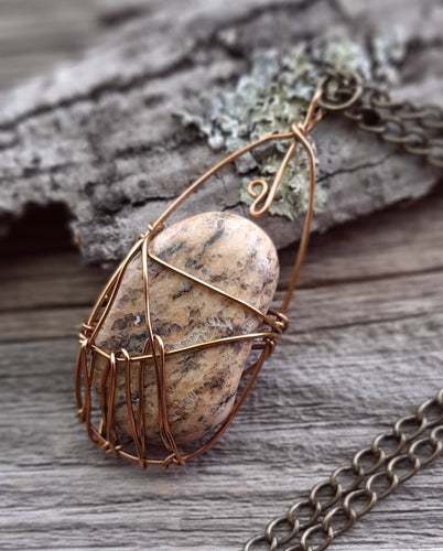 earthy wire wrapped michigan beach stone necklace antique brass metals