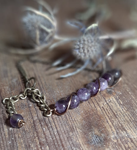 purple amethyst stone bracelet antique brass chain bracelet with extender attached