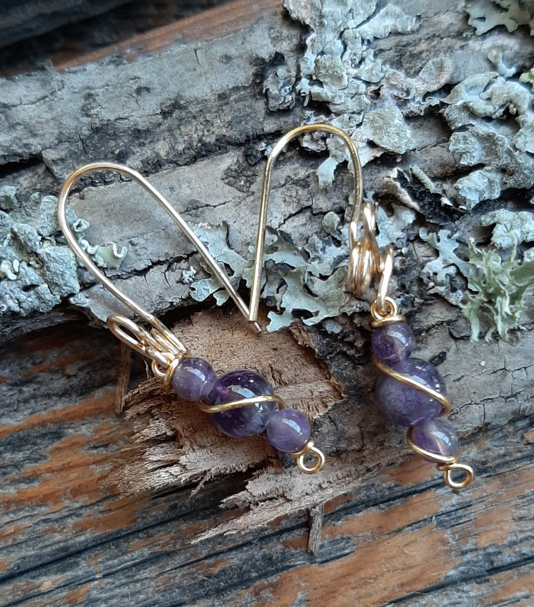 natural amethyst stone drop wire wrapped gold earrings jujus nature jewelry