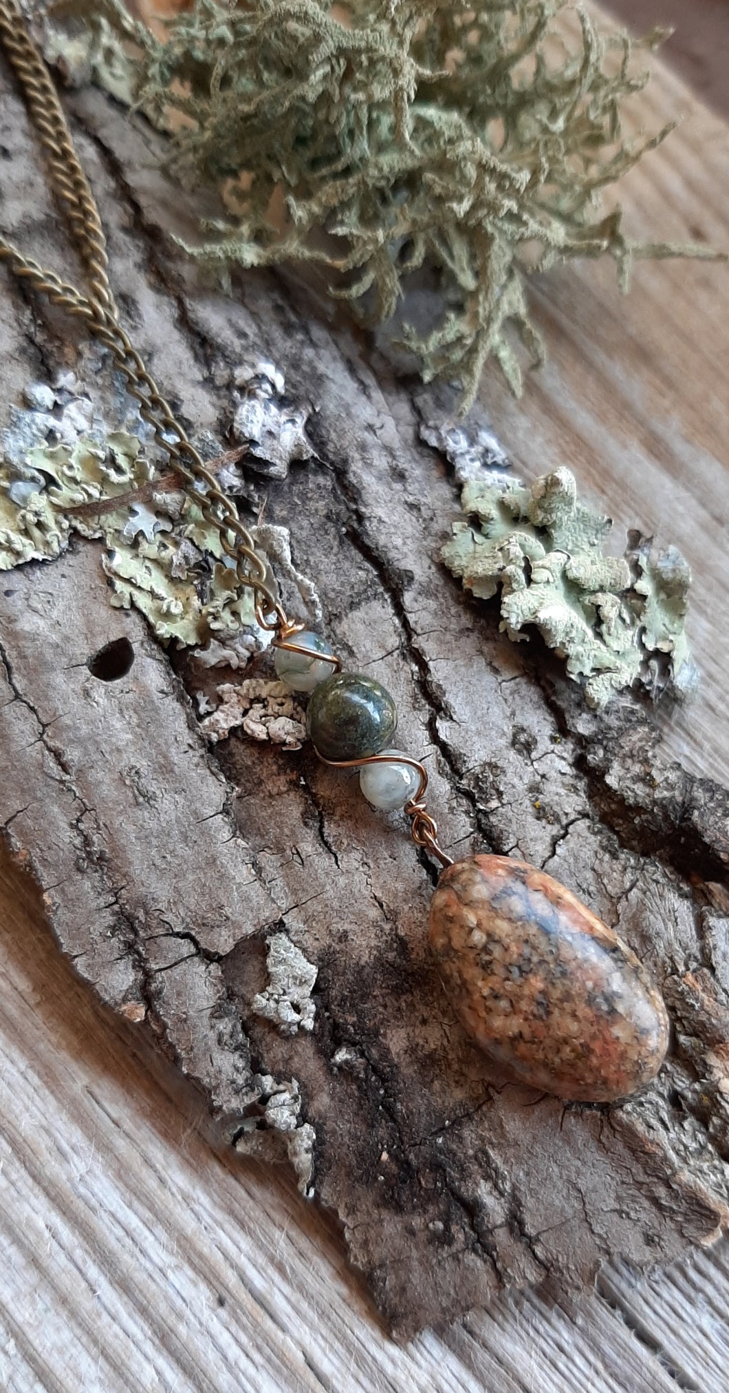 Beach stone antique brass chain necklace bloodstone fancy jasper jujus nature jewelry