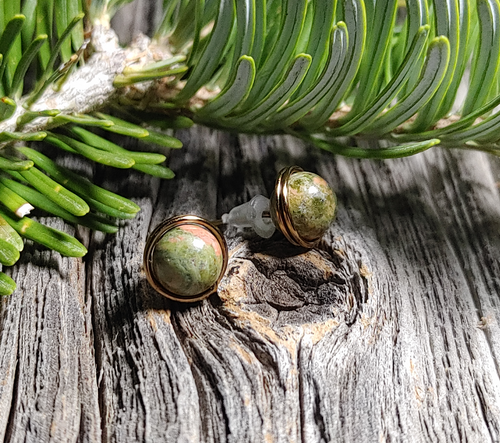 unakite stone stud earrings antique brass wire wrapped