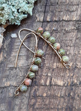 antique brass wire wrapped unakite stone earrings