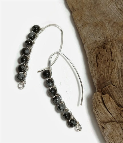 snowflake obsidian earrings, sterling silver drop earrings, wire wrapped earrings